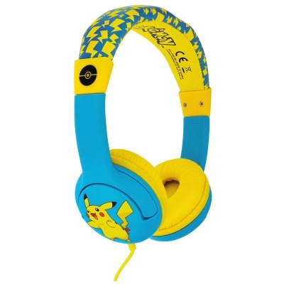 Auriculares azuis e amarelos com tema Pikachu e padrão de raios