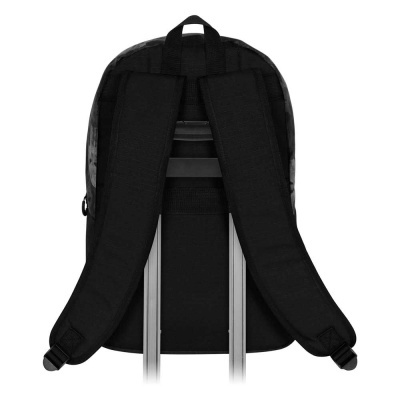 Mochila preta vista de trás com alças e fixação para mala