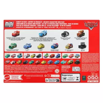 Embalagem de brinquedos Mini Racers Disney Pixar Cars com 10 carrinhos coloridos.