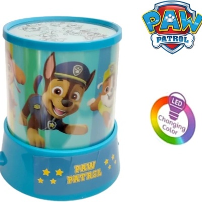 Luz LED azul da Patrulha Pata com personagens, texto e indicação de troca de cor LED