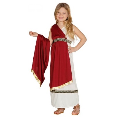 Criança com vestido infantil estilo túnica romana branco e vermelho com detalhes dourados