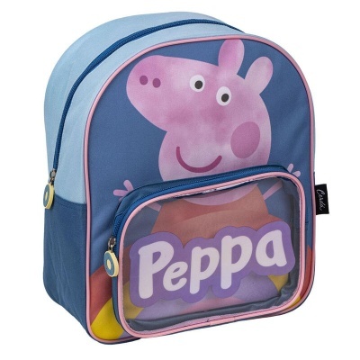 Mochila azul infantil com estampa da Peppa Pig e bolso frontal transparente