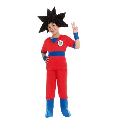 Fato de Carnaval inspirado no personagem Goku com peruca preta e roupa vermelha e azul
