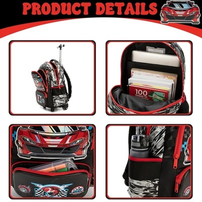Mochila de rodinhas com tema de carros de corrida nas cores preto, vermelho e branco