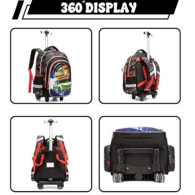 Mochila infantil com rodas e puxador, padrão colorido com carro e texto 360° DISPLAY