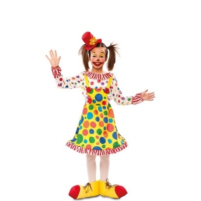 Criança com traje de palhaço colorido em fundo branco