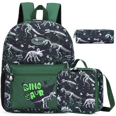 Mochila, saco de almoço e estojo escolares com padrão de esqueletos de dinossauros em preto e verde