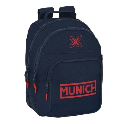 mochila azul escura com fechos vermelhos e logótipo MUNICH vermelho