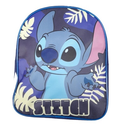 Mochila azul com estampa do personagem Stitch e texto STITCH