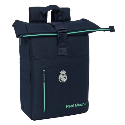Mochila azul escuro com zíper verde água e logótipo Real Madrid