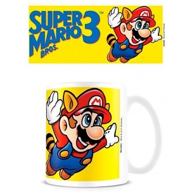 Caneca branca com imagem colorida de Super Mario em fundo amarelo e texto azul