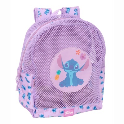 Mochila lilás infantil com personagem Stitch da Disney e rede frontal
