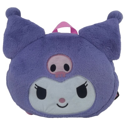 Mochila infantil roxa de peluche com carinha e orelhas pontiagudas