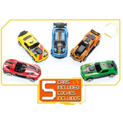 Cinco carros de brinquedo coloridos em fundo branco com texto sobre quantidade incluída