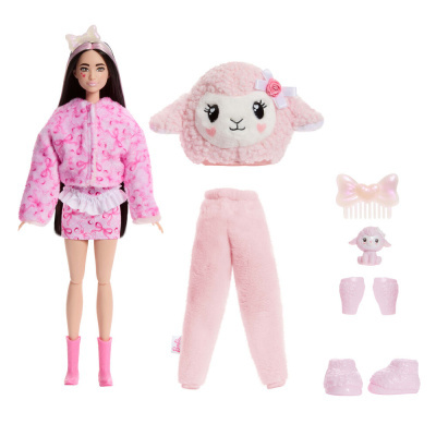 Boneca Barbie com roupa rosa, calças e chapéu de pelúcia de ovelha rosa e acessórios cor de rosa