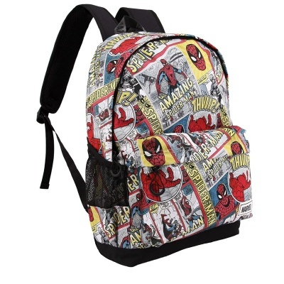 Mochila temática de Homem-Aranha com várias imagens e texto, alças pretas acolchoadas