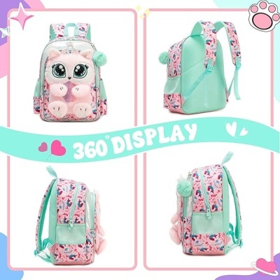 Mochila infantil com design de unicórnio rosa e verde água vista de vários ângulos
