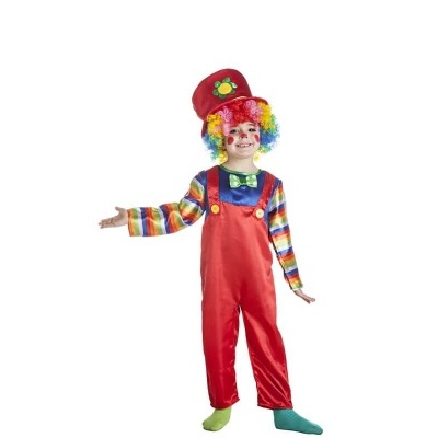 Fato de palhaço infantil multicolor com macacão vermelho e chapéu