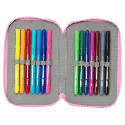 Estojo aberto com marcadores de várias cores organizados