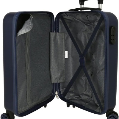 Mala de viagem rígida azul escuro aberta com interior cinza e rodas duplas
