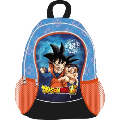 Mochila Dragon Ball Super com imagem de Goku em fundo azul e laterais laranja