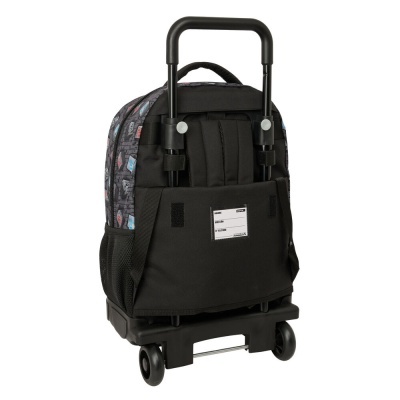 Mochila de rodas preta com padrão gráfico e alça extensível