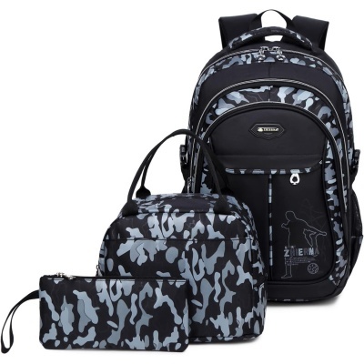 Conjunto de mochila, mala de mão e carteira com padrão camuflado cinza e preto