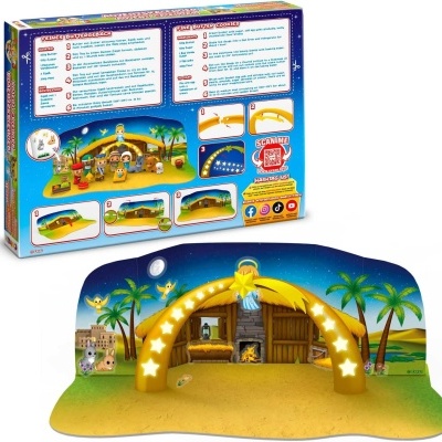 Cenário de presépio para montar com figuras coloridas e embalagem ao fundo