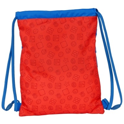 Mochila saco vermelho com padrão e remate azul