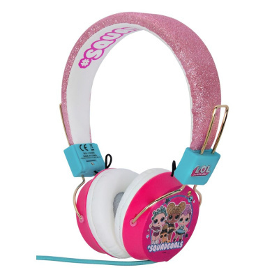 Auriculares cor de rosa com personagens LOL Surprise e detalhes em azul e branco