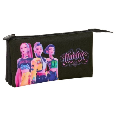 Estojo escolar preto com personagens femininas e texto Huntix