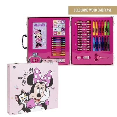 Estojo de madeira rosa com desenhos da Minnie e acessórios de colorir organizados no interior.