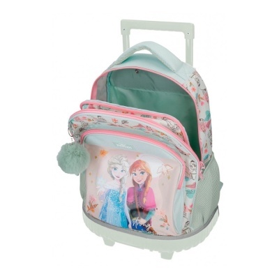 mochila com rodas e personagens femininas em tons pastel com pompom verde