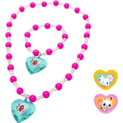 Conjunto de bijuteria infantil com colar e pulseira de contas cor-de-rosa e transparentes com pingentes de coração azul e adesivos de corações amarelo e rosa