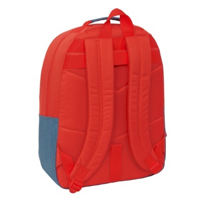 Mochila vermelha com alças almofadadas e detalhes azuis nas laterais