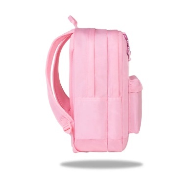 Mochila rosa vista de lado com vários bolsos e alças almofadadas