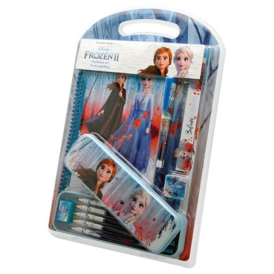 Conjunto escolar Frozen II com caderno e estojo com personagens Anna e Elsa