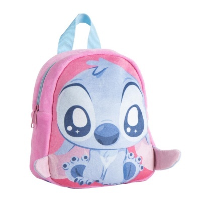 Mochila infantil rosa e azul com personagem cartoon felpudo