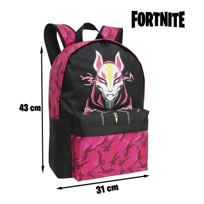Mochila Fortnite rosa e preto com estampa de máscara de raposa branca