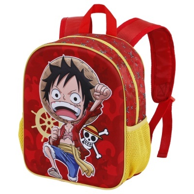 Mochila vermelha e amarela com personagem de desenho animado e símbolo de caveira