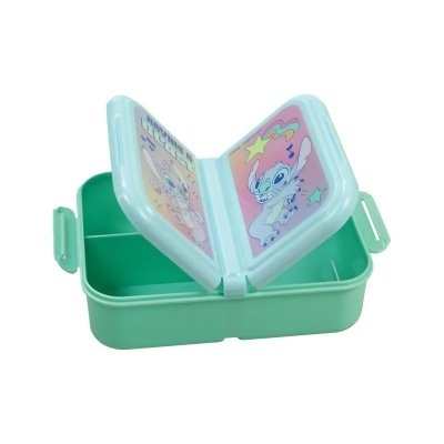 Caixa verde claro com tampa dupla e ilustração de personagens animados em tons pastel