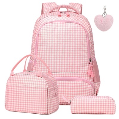 Conjunto de mochila, bolsa e estojo xadrez rosa e branco com chaveiro de coração felpudo