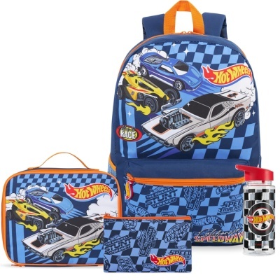 Conjunto Hot Wheels com mochila, saco térmico, necessaire e garrafa com padrão de carros e logótipo Hot Wheels.
