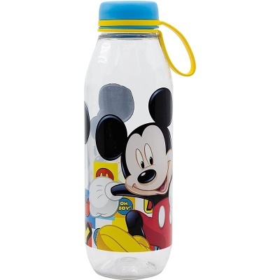 Garrafa de plástico transparente com tampa azul e detalhes amarelos com imagem do Mickey Mouse