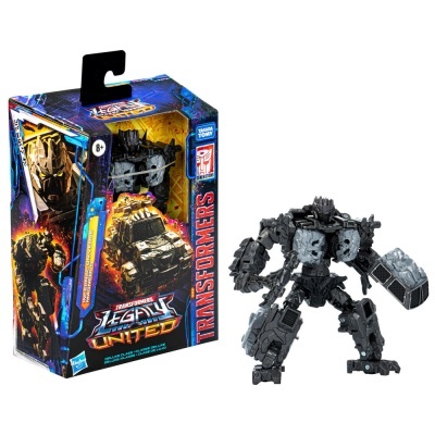 Figura de ação Transformers Legacy United Bonecrusher cinza e preto com embalagem colorida