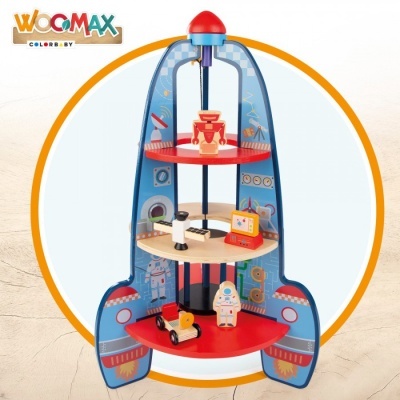 Brinquedo foguete com plataformas e figuras de robôs e carros