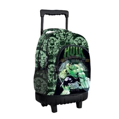 Mochila infantil de rodas com imagem do Hulk e padrão de caveiras verdes