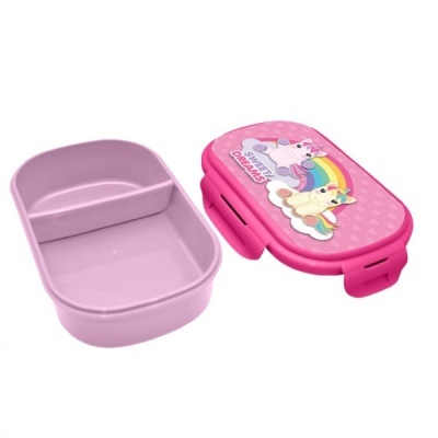 Marmita rosa com tampa decorada com unicórnios e arco-íris