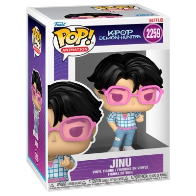 Figura Funko Pop! Jinu K-POP DEMON HUNTERS com óculos rosa e roupas azuis em caixa