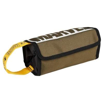 Bolsa de mão verde-oliva com alça amarela e texto branco na tampa